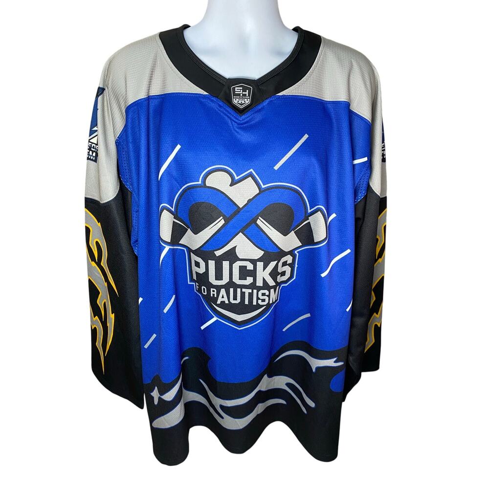 5IVEHOLE Hockey Jersey — 2XL Blue White Pucks for Autism 2025